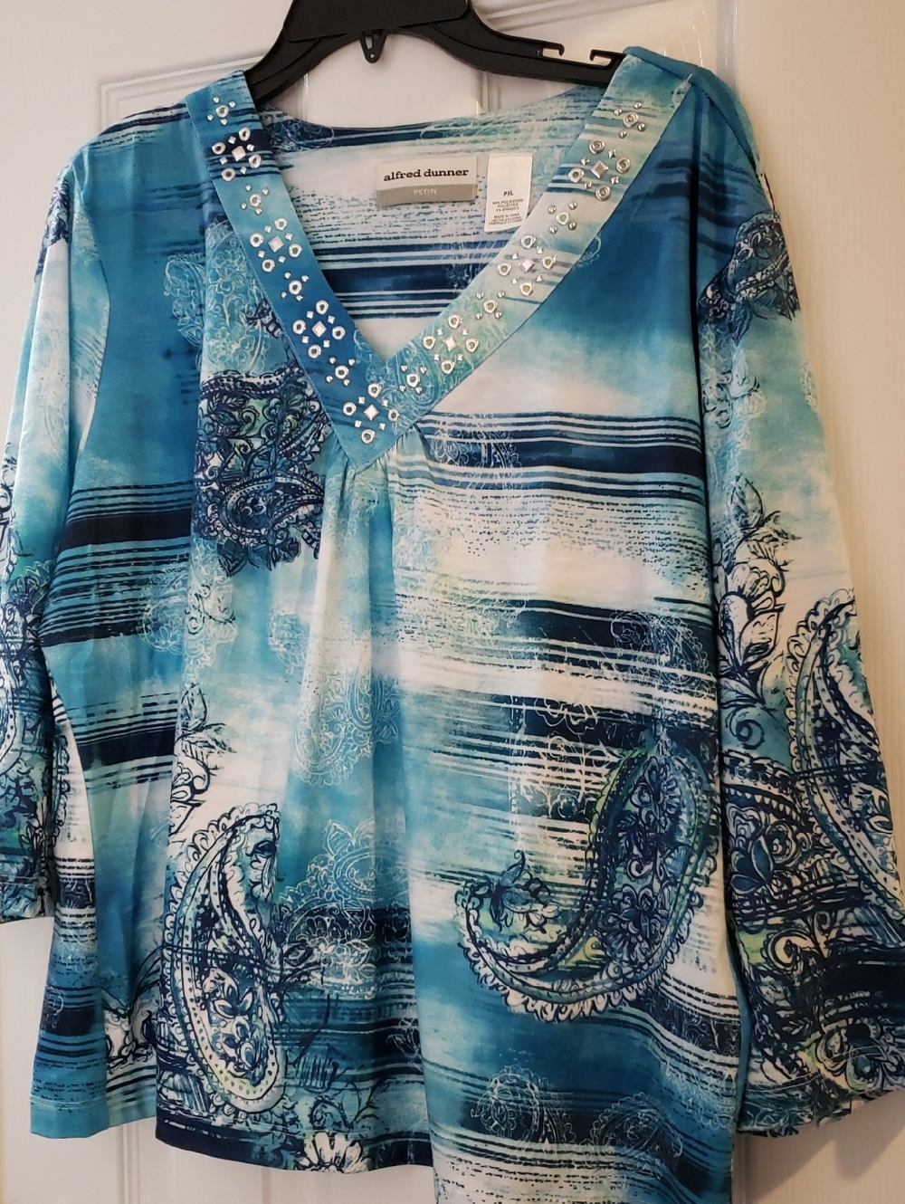 Alfred Dunner Blue and White Paisley V-Neck Tunic with Embellished Trim